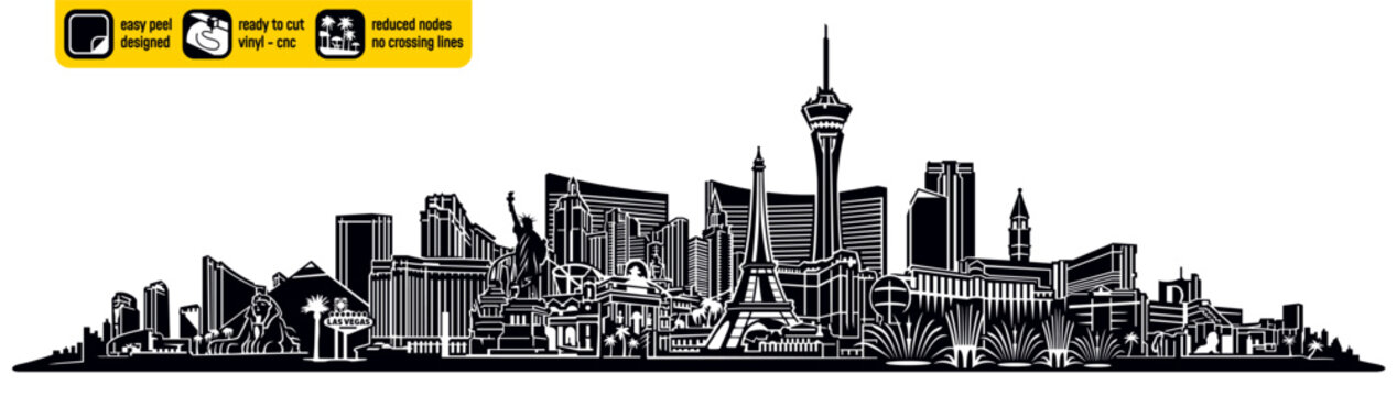 Detailed Las Vegas Nevada skyline vector, ideal for vinyl cutting. Showcases major Las Vegas sign landmarks in a single captivating design. Vinyl ready design. Wall sticker. Black & white silhouette.