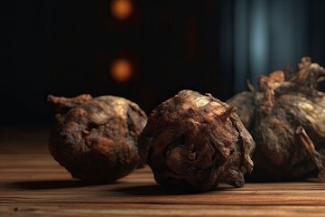 Fototapeta premium Rotten kohlrabies on a wooden table. Dim studio light. Generative Ai