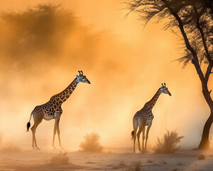 Giraffes in a sand storm in the African savanna. Amazing African Wildlife. Generative Ai