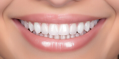 Gepflegte weiße strahlende Zähne mit lachenden Mund als Nahaufnahme, ai, generativ