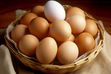 Chicken eggs in a wicker basket.