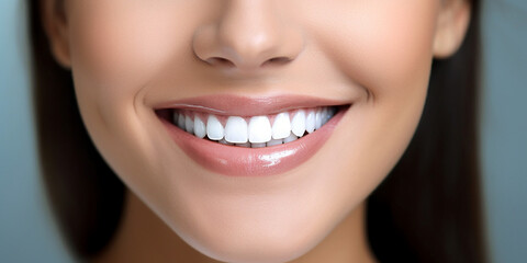 Fototapeta premium Weiße strahlende Zähne mit lachenden Mund als Nahaufnahme, ai, generativ