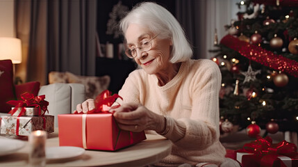 Obraz na płótnie Canvas Smiling Senior Lady with Gift Box under Christmas Tree