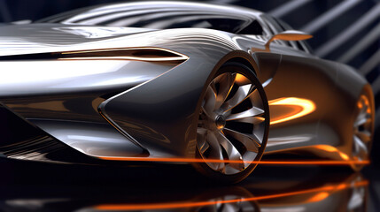 Close-up of artificial intelligence generated futuristic streamlined car prototype. Generative AI