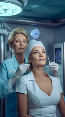Schöne Medizinische gekleidete Frau im Labor für Schönheitspflege Botox, ai generativ