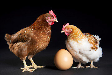 Fototapeta premium Two young hens stand next to the egg.