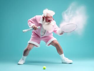 Aged gentleman with a gray beard donning a futuristic pink Santa Claus suit, gripping a tennis racket and playing tennis, against a pastel blue backdrop. Generative AI.