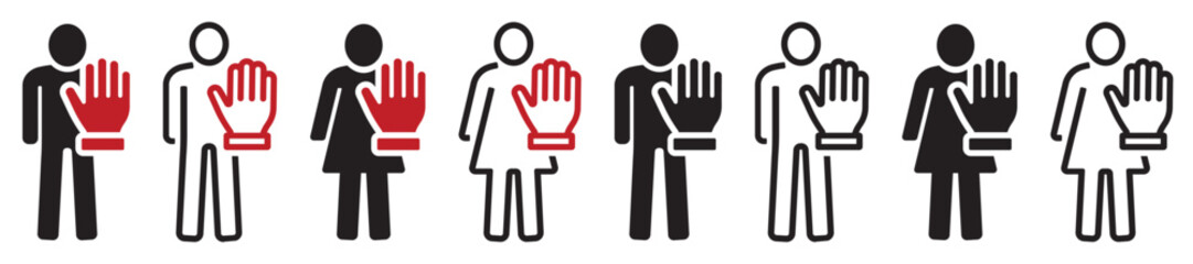 Fototapeta premium Set of social distancing signs. Maintain safe distance, pandemic, coronavirus covid-19, danger. Human, hand, palm. Vector illustration.