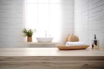 Obraz na płótnie Canvas Wooden table for your product with bathroom background. Generative AI