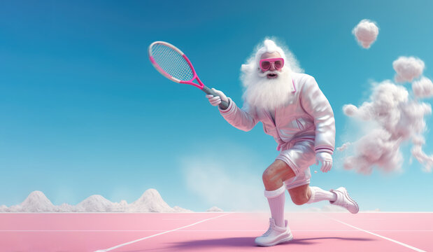 Creative Illustration of aged gentleman with a gray beard donning a futuristic white Santa Claus suit, gripping a tennis racket and playing tennis on pink tennis court. Generative AI.