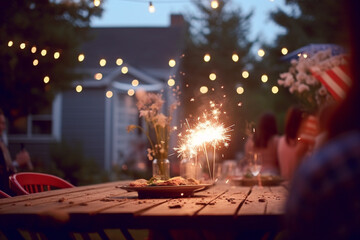 Holidays concept. People celebrating 4th of July, Independence Day in USA. A lot of people, warm summer evening, table, garlands, fireworks, bokeh and blurry people background. Generative AI