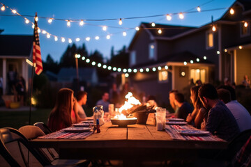 Holidays concept. People celebrating 4th of July, Independence Day in USA. A lot of people, warm summer evening, table, garlands, fireworks, bokeh and blurry people background. Generative AI