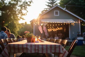 Holidays concept. People celebrating 4th of July, Independence Day in USA. A lot of people, warm summer evening, table, garlands, fireworks, bokeh and blurry people background. Generative AI