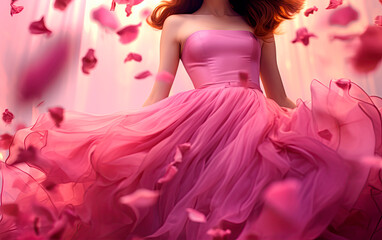 Young girl in a dress on a background with pink rose petals. Generative AI
