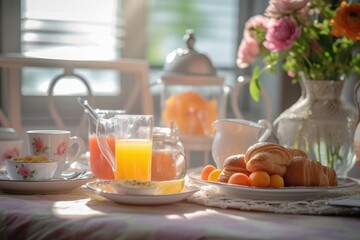 Fototapeta na wymiar Breakfast table setting with pastry and tea