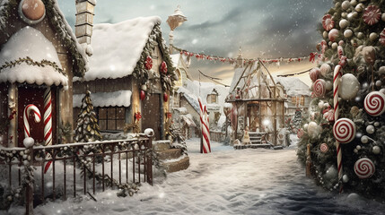 View of a Christmas village covered in snow, North pole, Santa's Village, AI-Generated image, KI, Poster, Postcard - obrazy, fototapety, plakaty