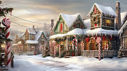 View of a Christmas village covered in snow, North pole, Santa's Village, AI-Generated image, KI, Poster, Postcard - obrazy, fototapety, plakaty