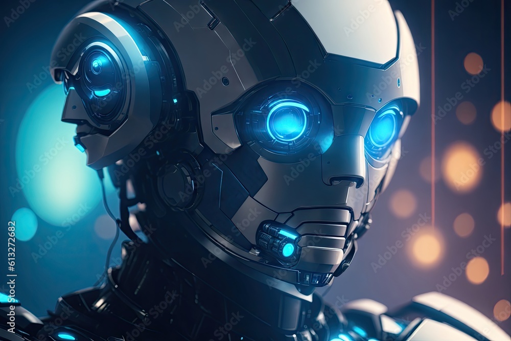Aufkleber portrait of ai robot on blue futuristic background ai generative