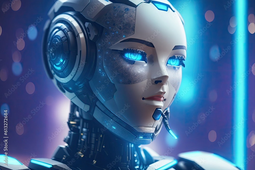 Poster portrait of ai robot on blue futuristic background ai generative