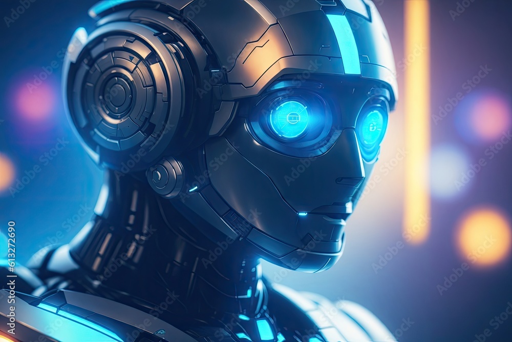Poster portrait of ai robot on blue futuristic background ai generative