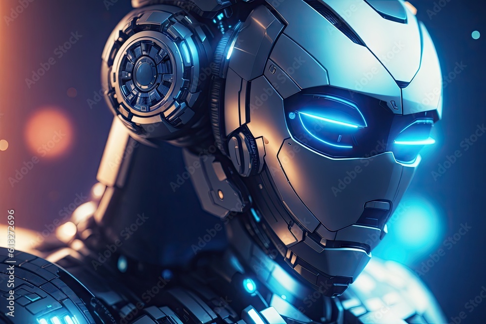 Aufkleber portrait of ai robot on blue futuristic background ai generative