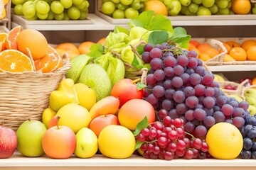 Naklejka na ściany i meble Fresh juicy fruits in a basket on a fruit background ai generative