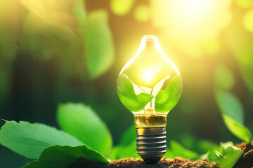 Green eco friendly lightbulb from fresh leaves Energy saving, ecology and environment ai generative