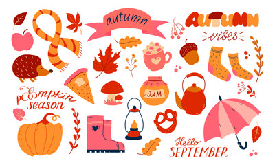Fototapeta premium Autumn set, hand drawn elements- calligraphy, fall leaves, umbrella, pumpkin.