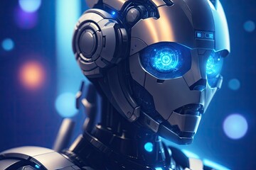 Fototapeta premium Portrait of AI robot on blue futuristic background ai generative