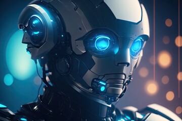 Portrait of AI robot on blue futuristic background ai generative