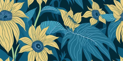 Deurstickers Radiant Petals: Vibrant Flower and Sunflower Illustration Patterns © valenia