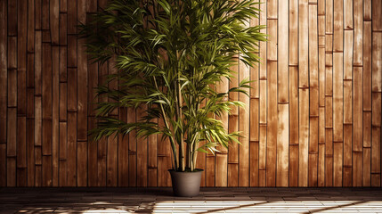 Bamboo wall, background, backdrop with potted tree bamboo tree light falls on the wall out of the window, presentation background eco concept modern living, AI-Generated