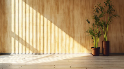 Bamboo wall, background, backdrop with potted tree bamboo tree light falls on the wall out of the window, presentation background eco concept modern living, AI-Generated