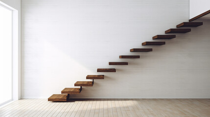 Staircase on white wall stairs on white background motivational presentation path climbing up career ladder window from left side light coming from window, AI, KI