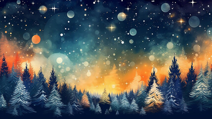 Horizontal festive Christmas background with Christmas trees, yellow sunset or sunrise. Winter forest with beautiful background postcard theme, AI, KI