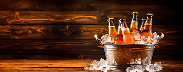 Metal bucket with bottles of beer and ice cubes on wooden background - obrazy, fototapety, plakaty