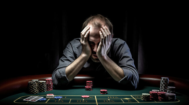 A man in despair in a casino. Roulette in a casino. Loss. Damages. Bankruptcy., Gambling. The man clutched his head in front of the roulette table in the casino. generative ai