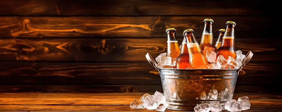 Metal bucket with bottles of beer and ice cubes on wooden background