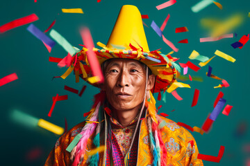 Native peruvian indigenous man in traditional dress on colorful confetti background. Generative AI illustration - Powered by Adobe