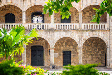 Close up of arched facade of Alcazar de Colon in colonial city of Santo Domingo. Here was born Diego, the son of Christopher Columbus. Museum on the Plaza de la Hispanidad or Spain