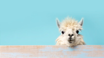 Close-up white fluffy llama peeks out from behind a wooden board, against the sky, banner, save space. AI generation