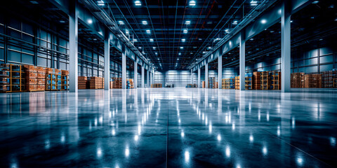 View of large modern industrial warehouse. Generative AI