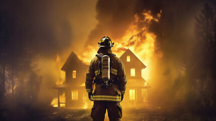 Fireman in front of a burning house. AI generation