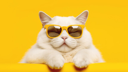 White fat cat with glasses on a yellow background. Banner, copy space. AI generation