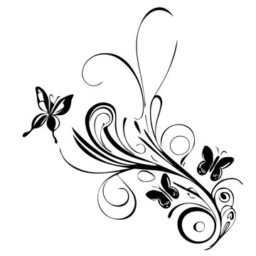 Decorative floral background with swirly lines and butterflies vector illustration