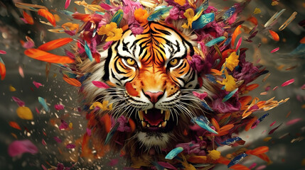 a majestic roaring indian tiger wallpaper, beautiful color background, ai generated image