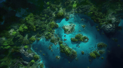 a wonderful majestic untouched place on earth at a forest with a blue inspired lake, ai generated image