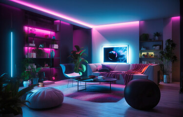a living room with pink, purple and green lights