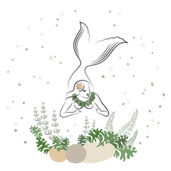 Mermaid silhouette. A beautiful girl lies on a stone in the water. Next to the leaves of the plant. Fantastic image of a fairy tale. vector illustration set.