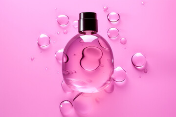 Cosmetic liquid transparent gel with bubbles on pink background. Flat lay style. AI generative